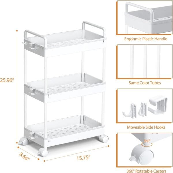 Ronlap 3 Tier Classic Storage Rolling Cart Slim Storage Cart with Wheels Slide Out Storage Rolling Cart Organizer Plastic for Bathroom Laundry, White - Image 3