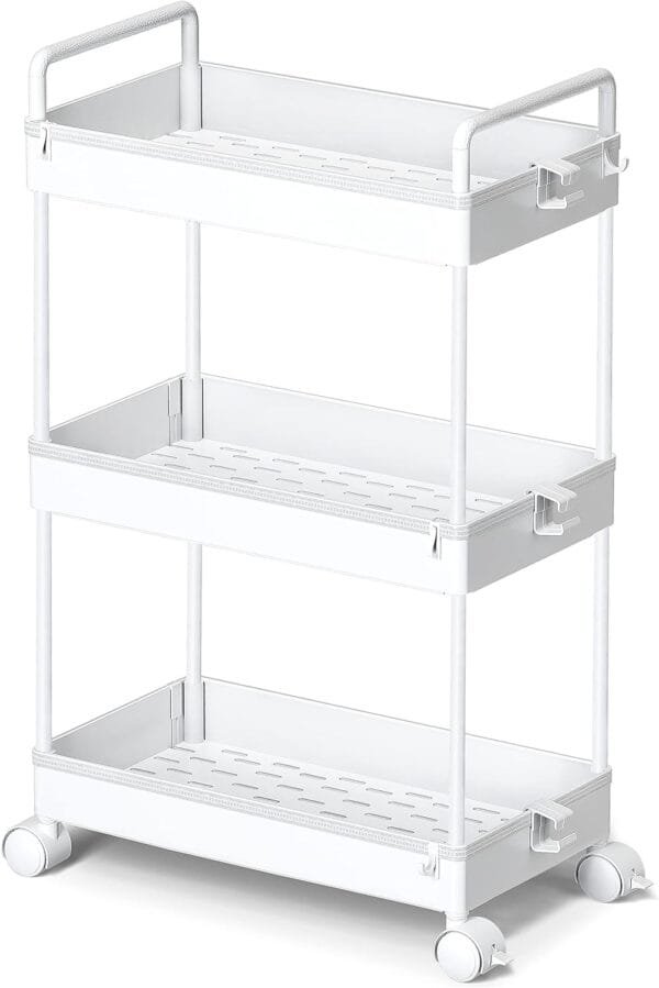 Ronlap 3 Tier Classic Storage Rolling Cart Slim Storage Cart with Wheels Slide Out Storage Rolling Cart Organizer Plastic for Bathroom Laundry, White - Image 2