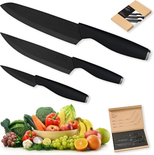 Ceramic Knife Set, Chef, Santoku and Paring Kitchen Knives with Super Sharp Blades (Black) (Set of 3) - Image 2