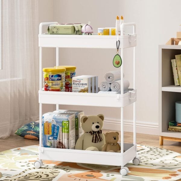 Ronlap 3 Tier Classic Storage Rolling Cart Slim Storage Cart with Wheels Slide Out Storage Rolling Cart Organizer Plastic for Bathroom Laundry, White - Image 8