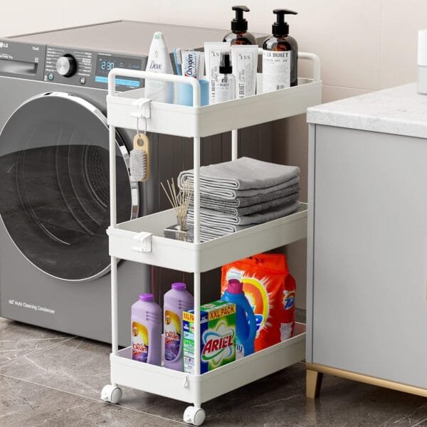 Ronlap 3 Tier Classic Storage Rolling Cart Slim Storage Cart with Wheels Slide Out Storage Rolling Cart Organizer Plastic for Bathroom Laundry, White - Image 6