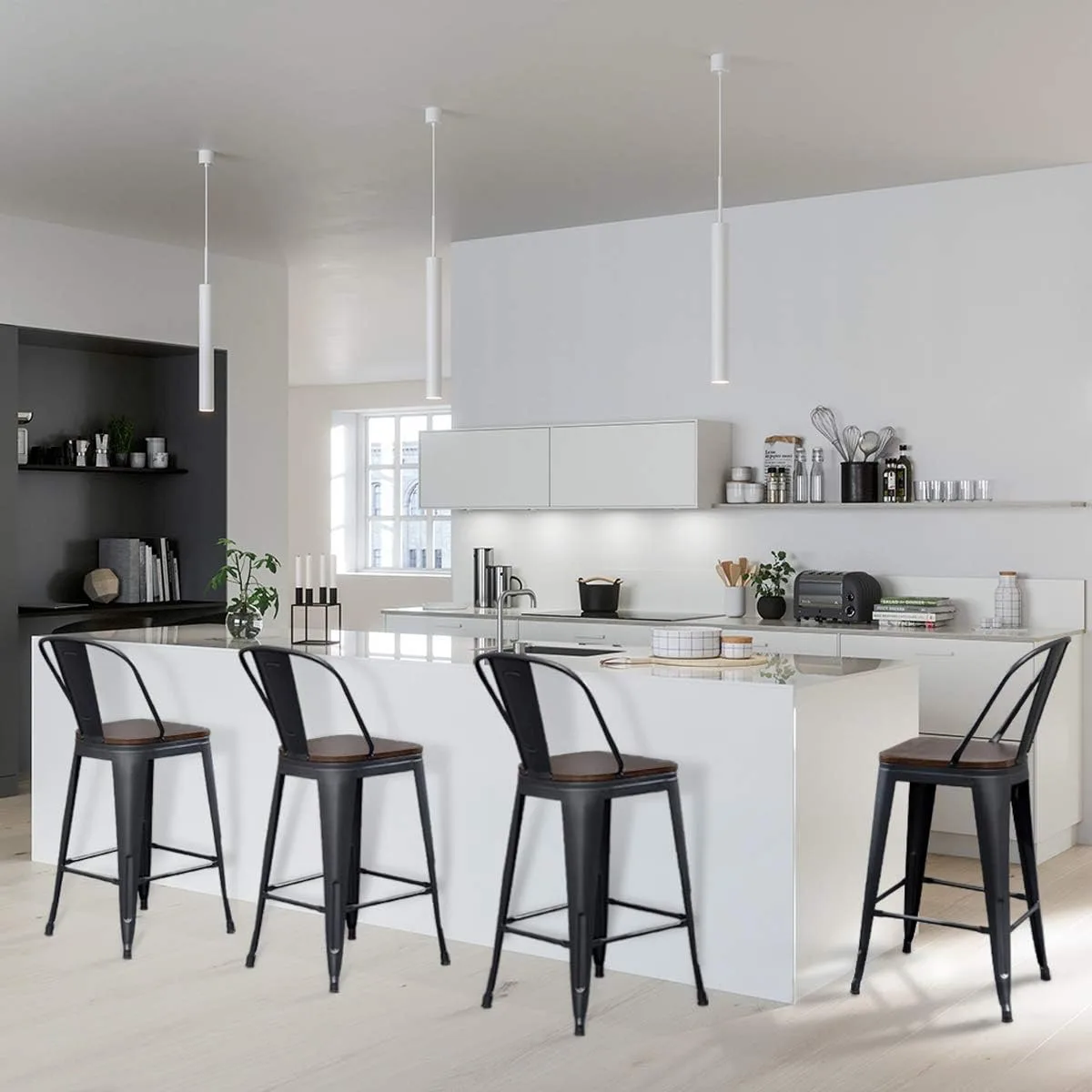Aklaus Metal Bar Stools Set of 4,24 inch Barstools Counter Height Bar Stools with Backs Farmhouse Bar Stools with Larger seat High Back Kitchen Dining Chairs Modern Bar Chairs Matte Black Stool - Image 9