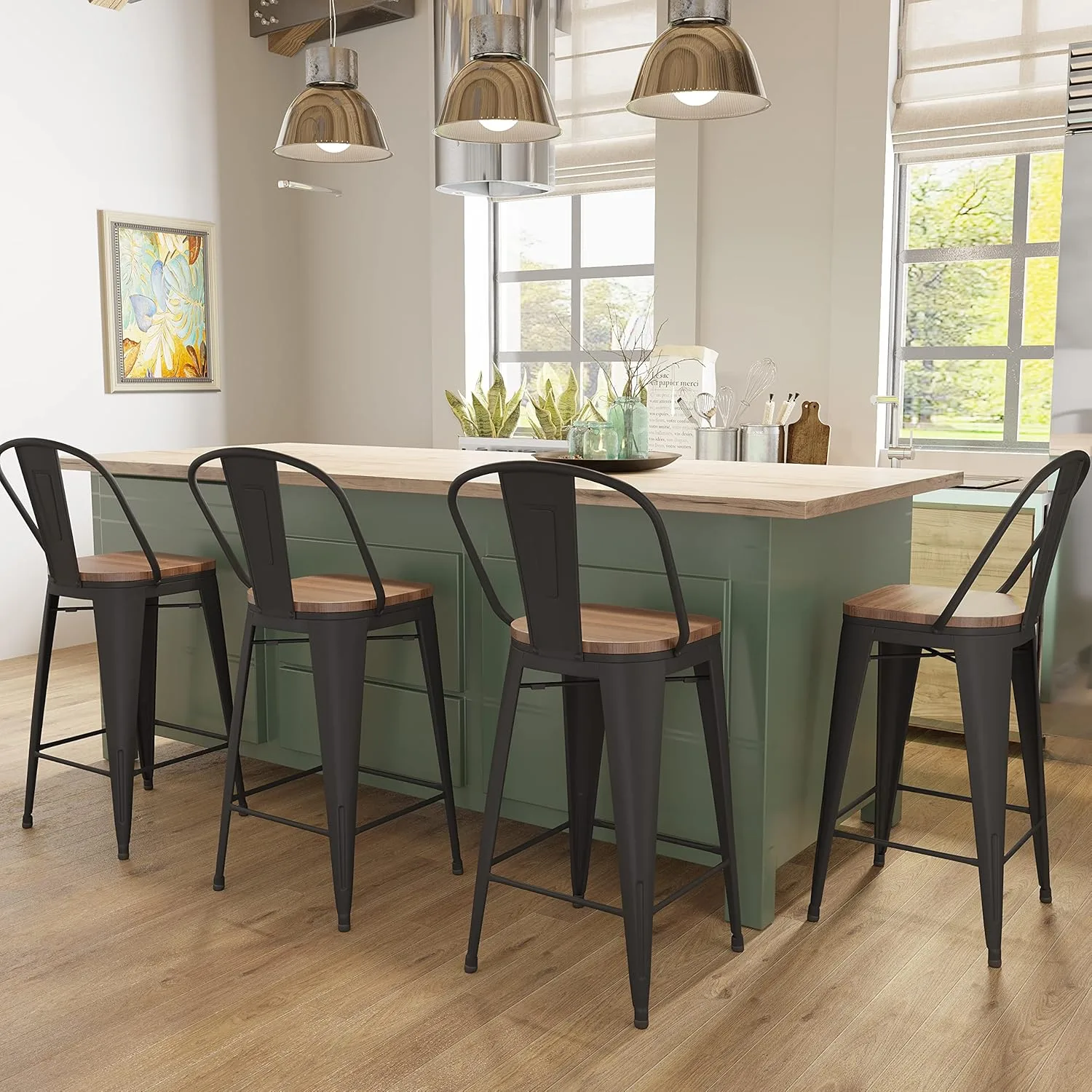 Aklaus Metal Bar Stools Set of 4,24 inch Barstools Counter Height Bar Stools with Backs Farmhouse Bar Stools with Larger seat High Back Kitchen Dining Chairs Modern Bar Chairs Matte Black Stool - Image 4