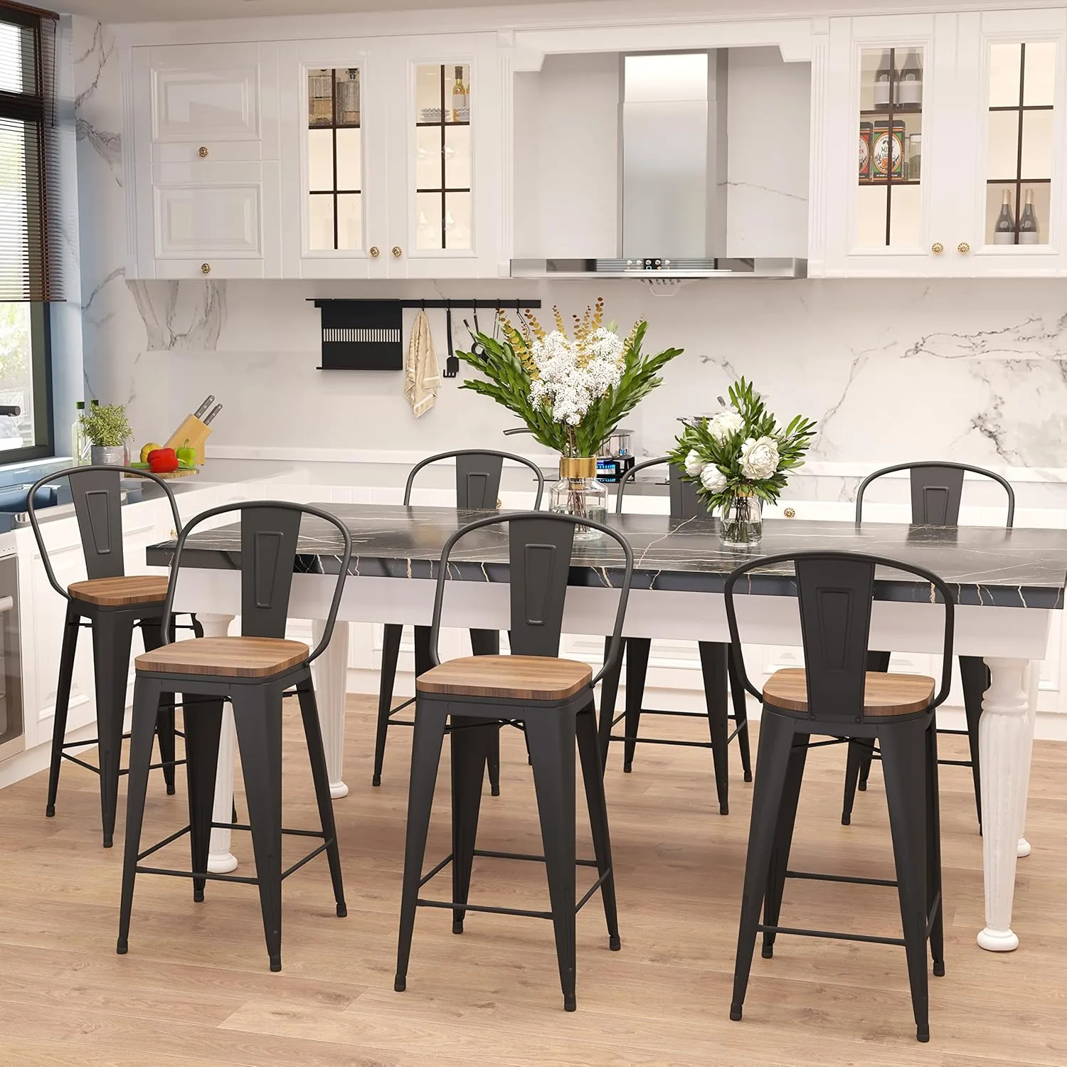 Aklaus Metal Bar Stools Set of 4,24 inch Barstools Counter Height Bar Stools with Backs Farmhouse Bar Stools with Larger seat High Back Kitchen Dining Chairs Modern Bar Chairs Matte Black Stool - Image 8