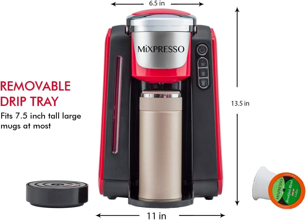Mixpresso Single Cup Coffee Maker Compatible With 1.0 & 2.0 Single Cup Pods, Removable 45oz Water Tank, Quick Brewing with Auto Shut-Off, One Touch Function (Red/Black) - Image 3