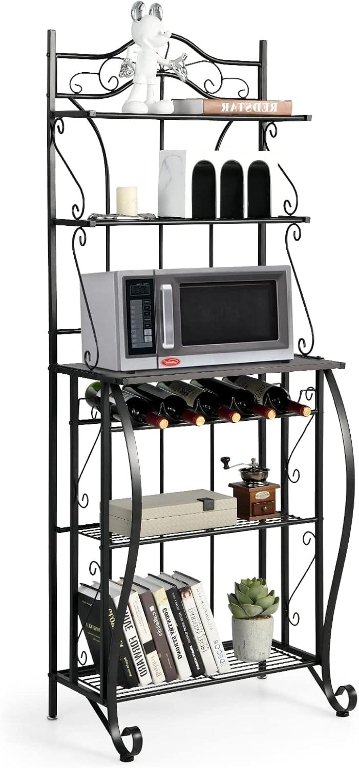 Giantex Bakers Rack with Storage - 6 Tier Kitchen Microwave Stand with 5 Wine Bottles Rack, Standing Metal Organizer Shelf for Dining Room - Image 2