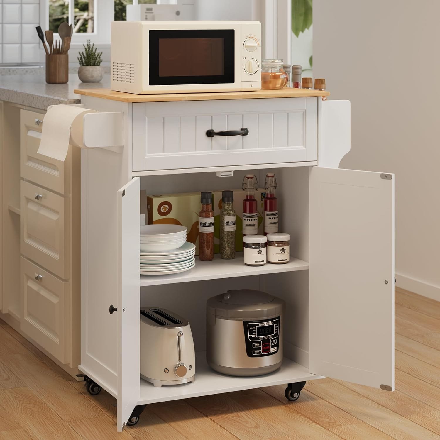 Gizoon Kitchen Island Cart with Adjustable Shelf, 33" W Mobile Trolley Cart on Metal Wheels with Drawer & Storage Cabinet, Spice Rack & Towel Rack, Wooden Countertop, for Dining Room, Bar, White - Image 3