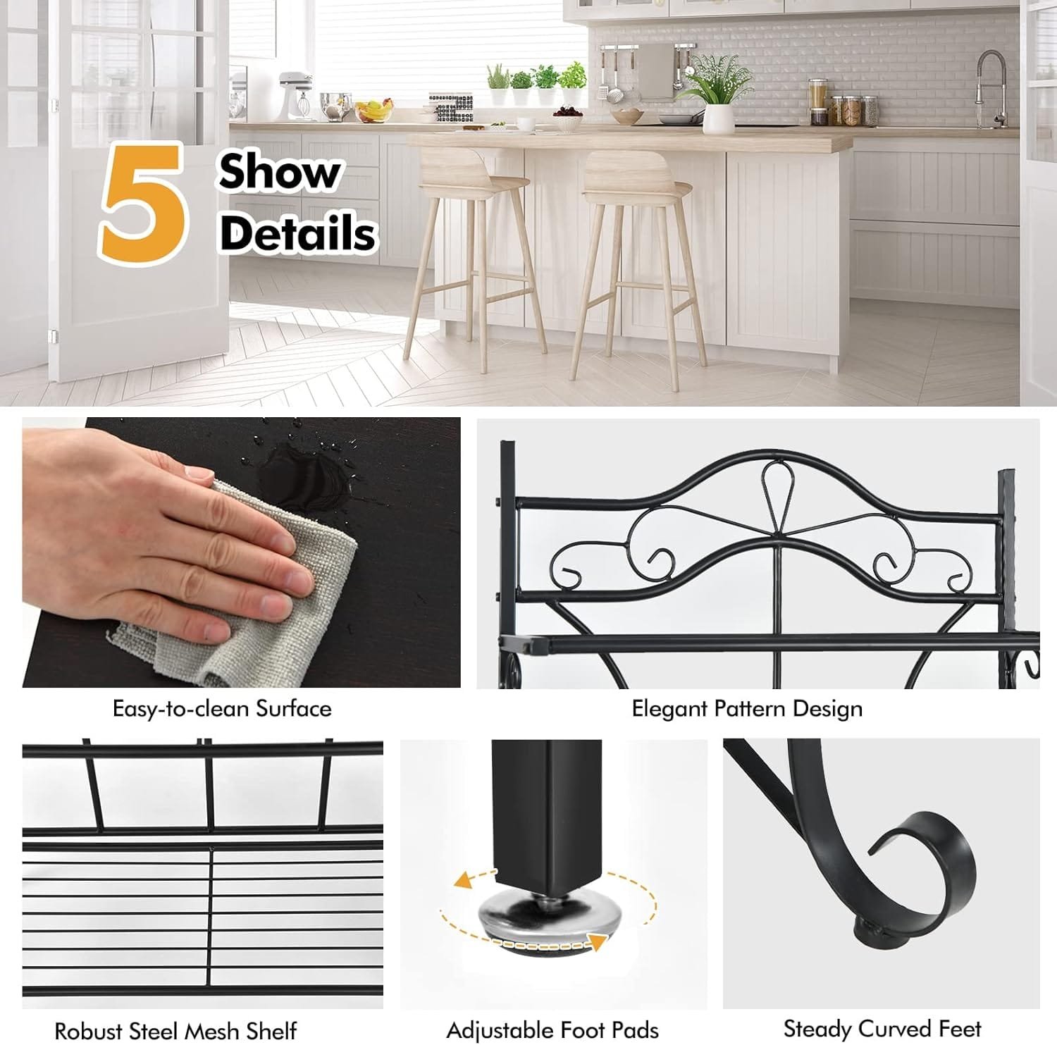 Giantex Bakers Rack with Storage - 6 Tier Kitchen Microwave Stand with 5 Wine Bottles Rack, Standing Metal Organizer Shelf for Dining Room - Image 5