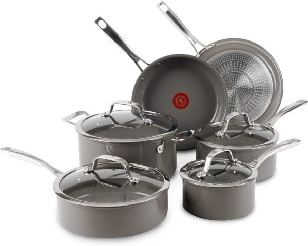 T-fal Ceramic Excellence Reserve Ceramic Nonstick Cookware Set 10 Piece Induction Oven Broiler Safe 500F Pots and Pans Grey - Image 2