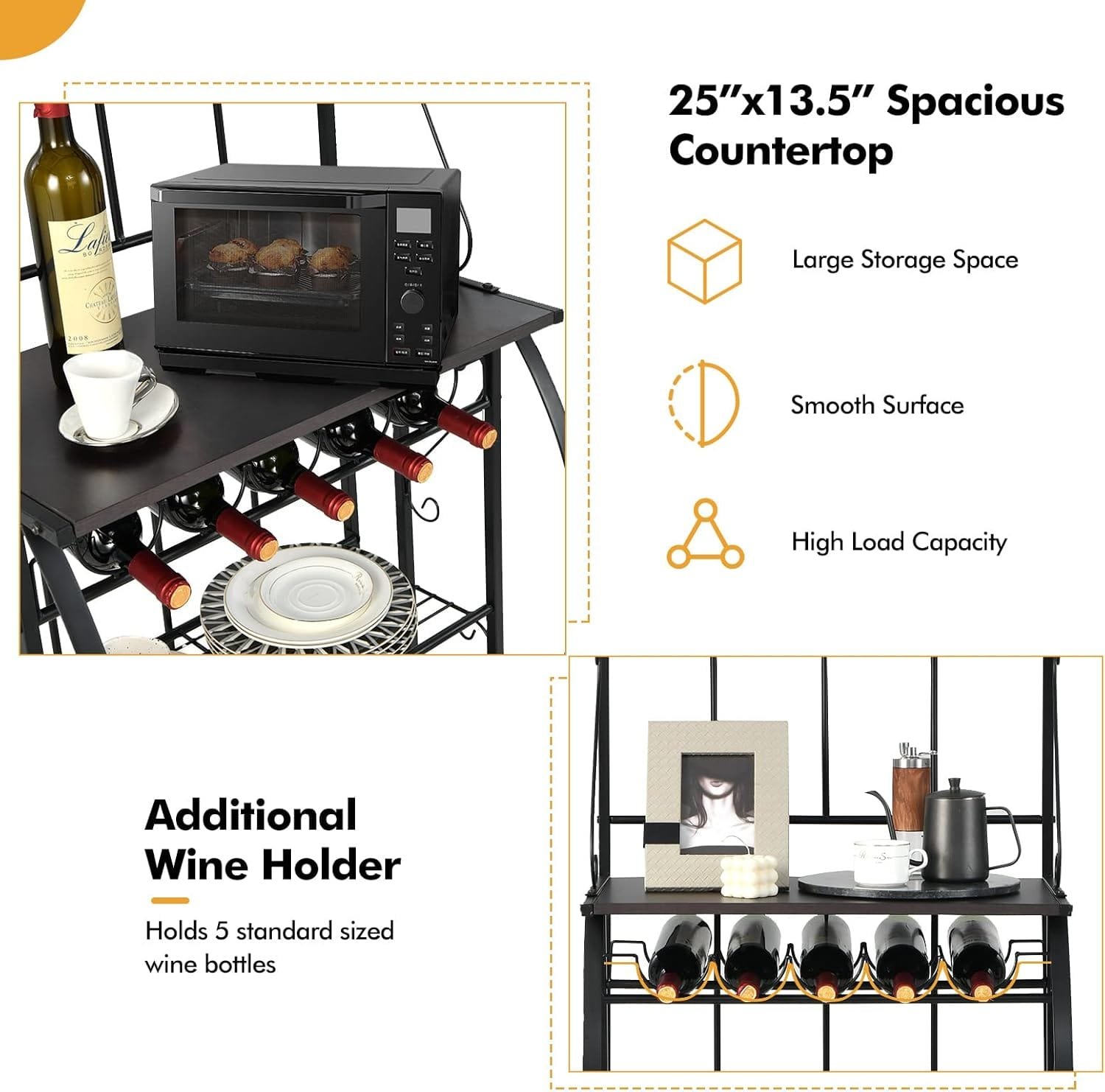 Giantex Bakers Rack with Storage - 6 Tier Kitchen Microwave Stand with 5 Wine Bottles Rack, Standing Metal Organizer Shelf for Dining Room - Image 6