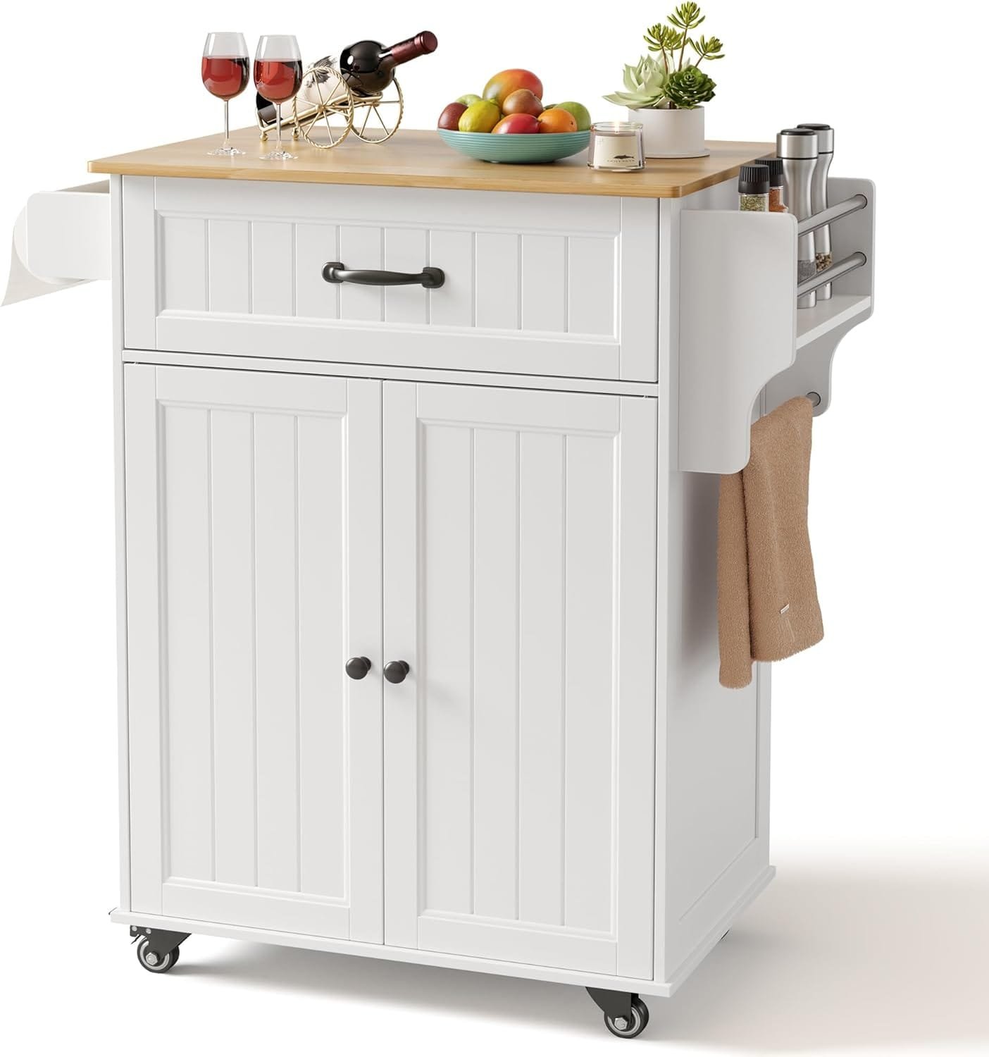 Gizoon Kitchen Island Cart with Adjustable Shelf, 33" W Mobile Trolley Cart on Metal Wheels with Drawer & Storage Cabinet, Spice Rack & Towel Rack, Wooden Countertop, for Dining Room, Bar, White - Image 2