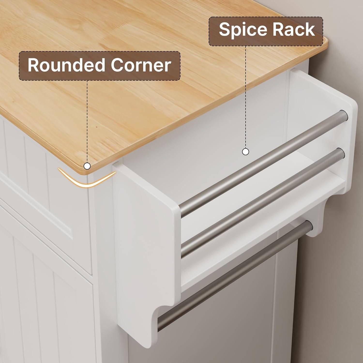Gizoon Kitchen Island Cart with Adjustable Shelf, 33" W Mobile Trolley Cart on Metal Wheels with Drawer & Storage Cabinet, Spice Rack & Towel Rack, Wooden Countertop, for Dining Room, Bar, White - Image 7