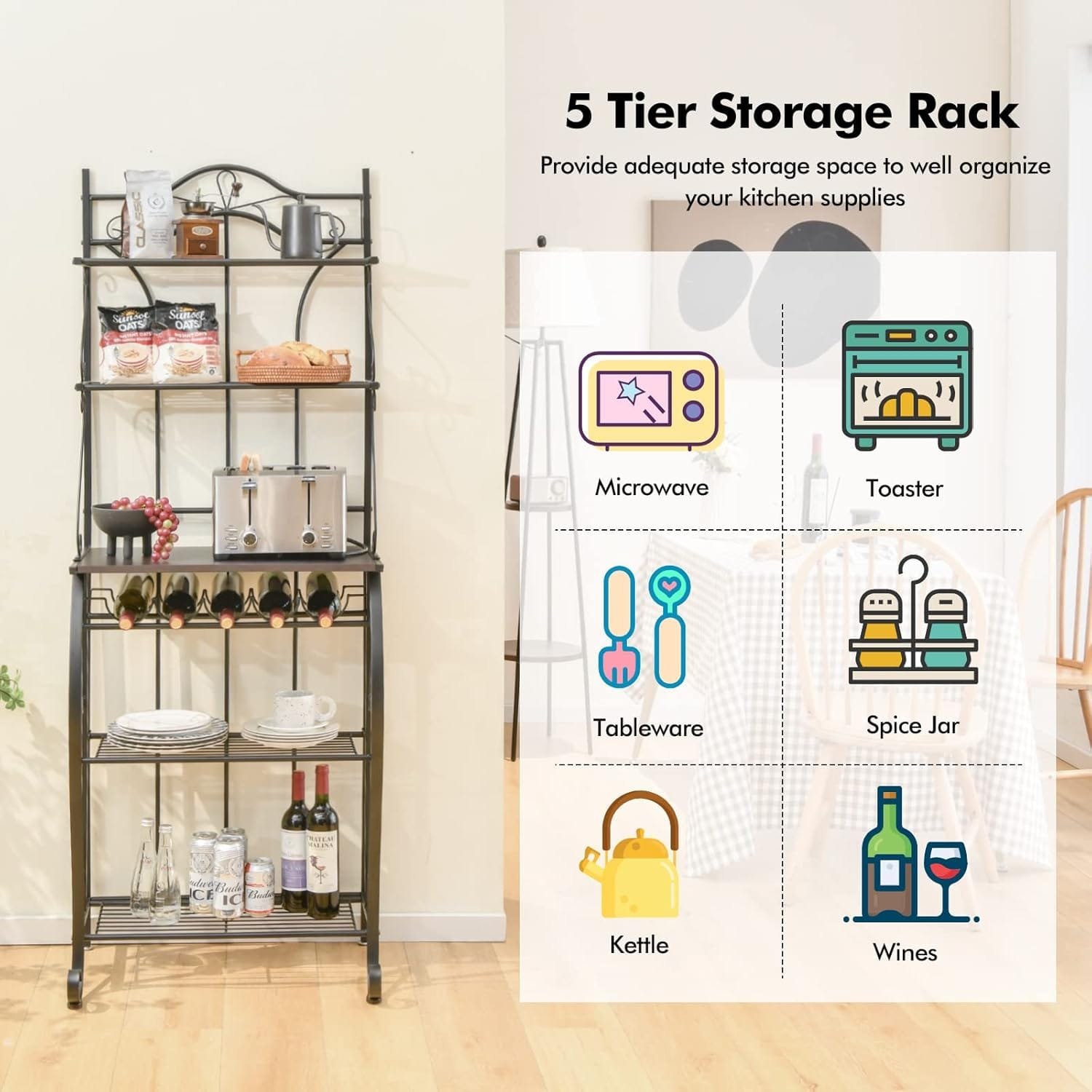Giantex Bakers Rack with Storage - 6 Tier Kitchen Microwave Stand with 5 Wine Bottles Rack, Standing Metal Organizer Shelf for Dining Room - Image 8