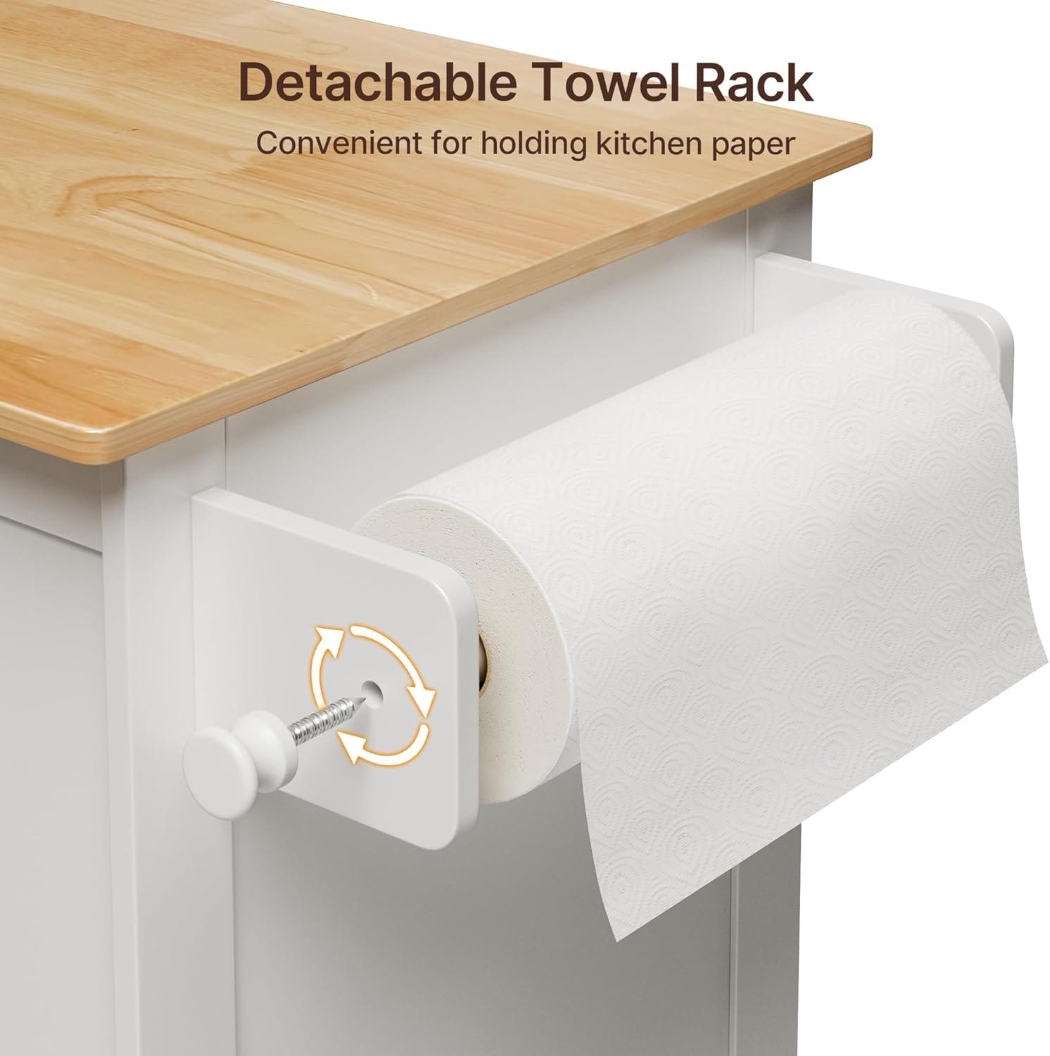 Gizoon Kitchen Island Cart with Adjustable Shelf, 33" W Mobile Trolley Cart on Metal Wheels with Drawer & Storage Cabinet, Spice Rack & Towel Rack, Wooden Countertop, for Dining Room, Bar, White - Image 6