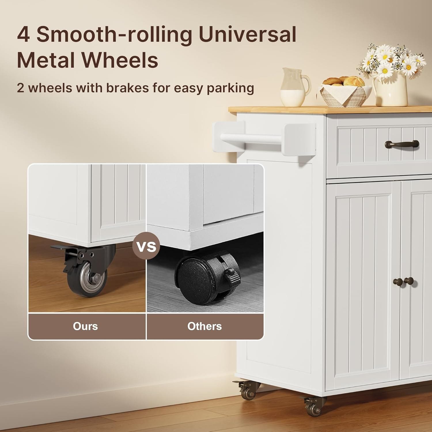 Gizoon Kitchen Island Cart with Adjustable Shelf, 33" W Mobile Trolley Cart on Metal Wheels with Drawer & Storage Cabinet, Spice Rack & Towel Rack, Wooden Countertop, for Dining Room, Bar, White - Image 8