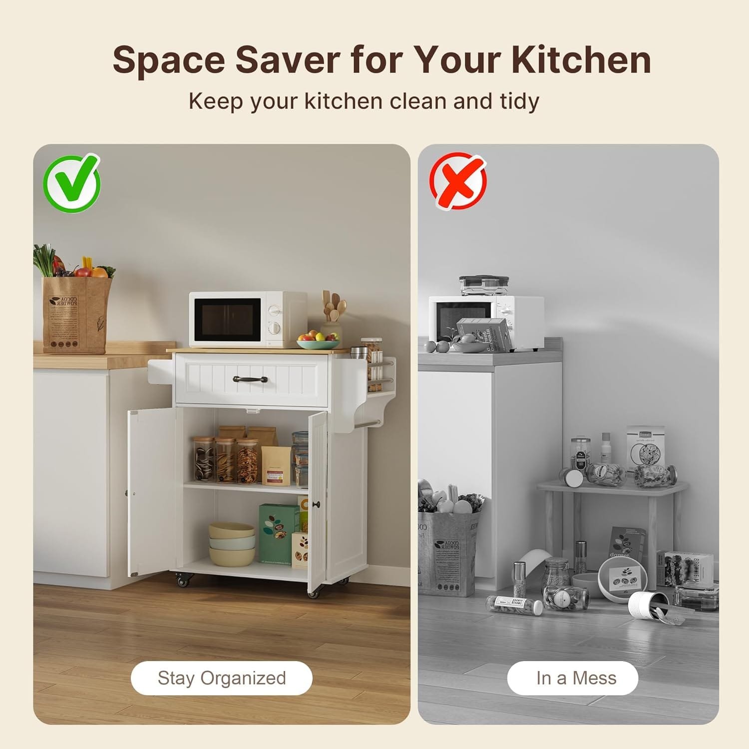 Gizoon Kitchen Island Cart with Adjustable Shelf, 33" W Mobile Trolley Cart on Metal Wheels with Drawer & Storage Cabinet, Spice Rack & Towel Rack, Wooden Countertop, for Dining Room, Bar, White - Image 10