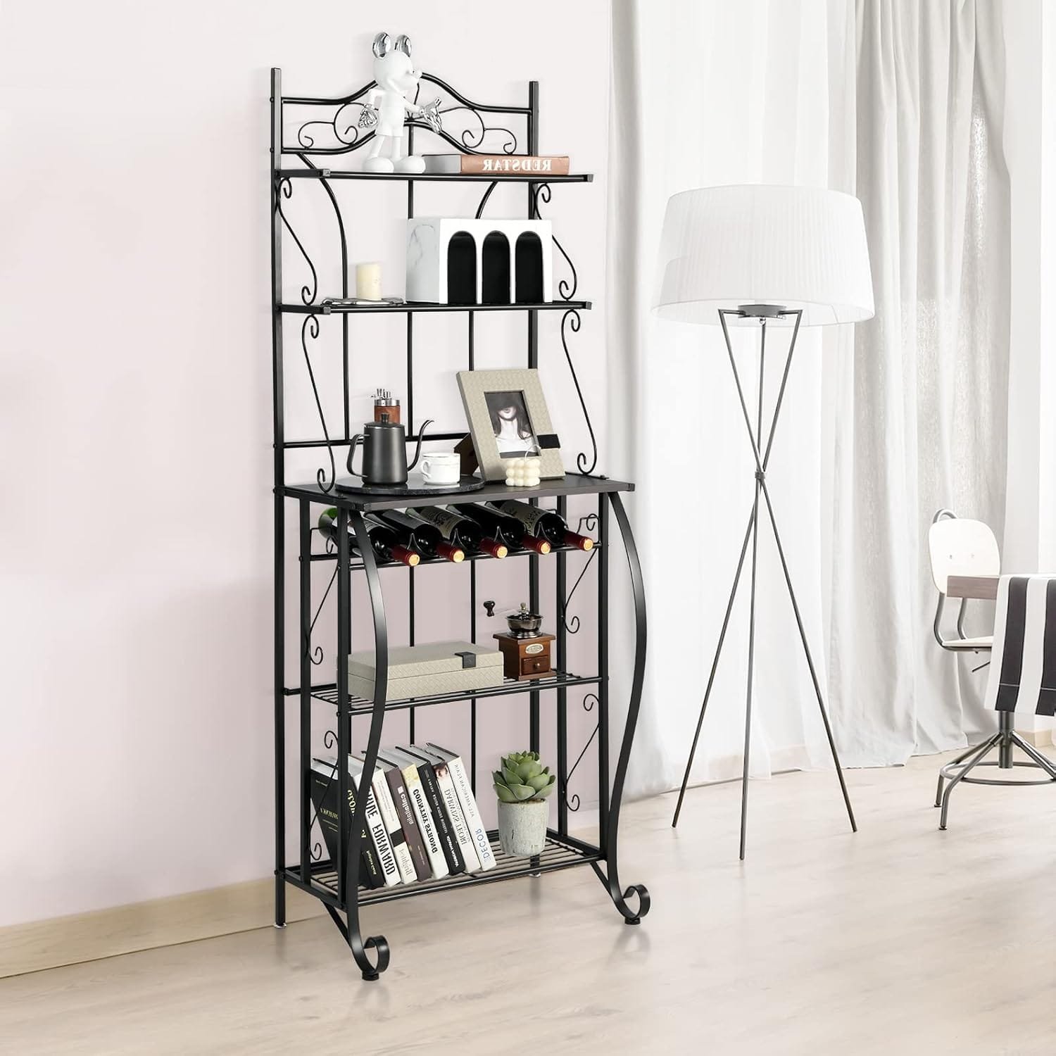 Giantex Bakers Rack with Storage - 6 Tier Kitchen Microwave Stand with 5 Wine Bottles Rack, Standing Metal Organizer Shelf for Dining Room - Image 4