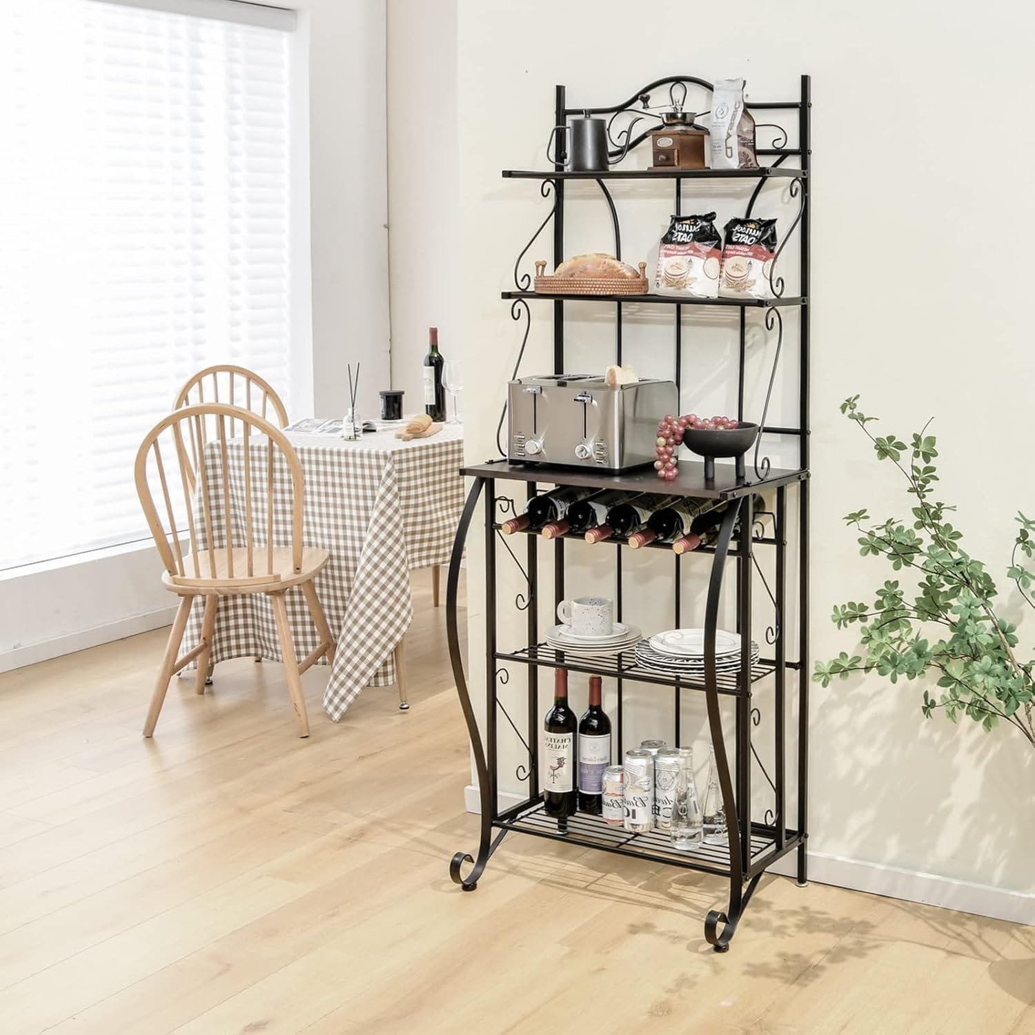 Giantex Bakers Rack with Storage - 6 Tier Kitchen Microwave Stand with 5 Wine Bottles Rack, Standing Metal Organizer Shelf for Dining Room - Image 3