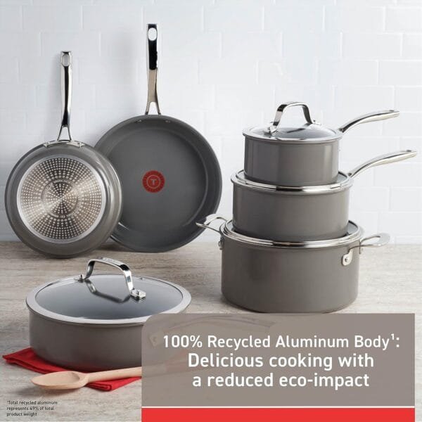 T-fal Ceramic Excellence Reserve Ceramic Nonstick Cookware Set 10 Piece Induction Oven Broiler Safe 500F Pots and Pans Grey - Image 4