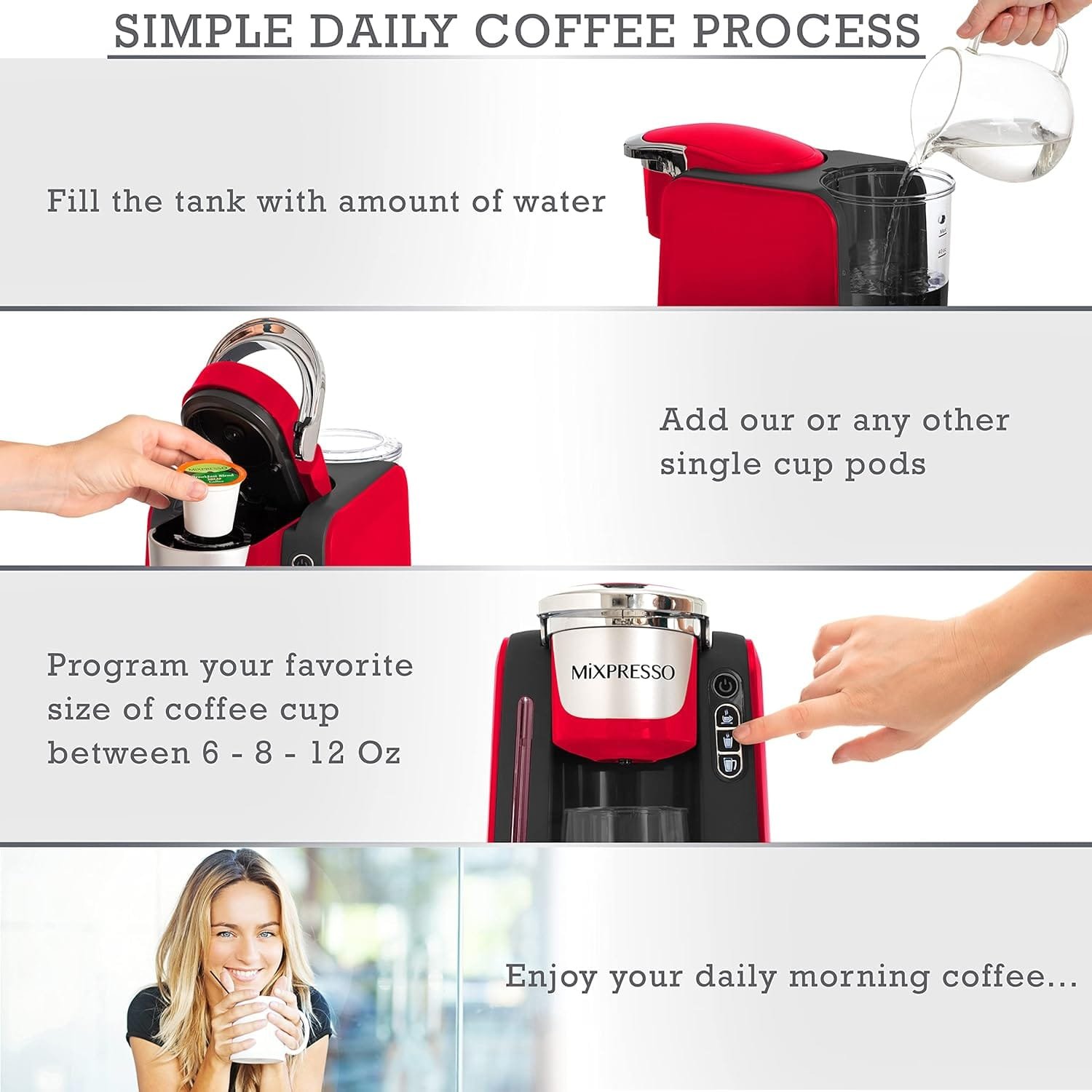 Mixpresso Single Cup Coffee Maker Compatible With 1.0 & 2.0 Single Cup Pods, Removable 45oz Water Tank, Quick Brewing with Auto Shut-Off, One Touch Function (Red/Black) - Image 5